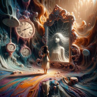 The primary subject of the image is a woman standing in front of a mirror. The setting is a room with a clock on the wall and a large mirror on the wall. The visual style appears to be a digital art or illustration, with a vibrant and colorful atmosphere. The colors and mood of the image are lively and energetic, with a focus on the woman and the mirror as the main elements of the scene.